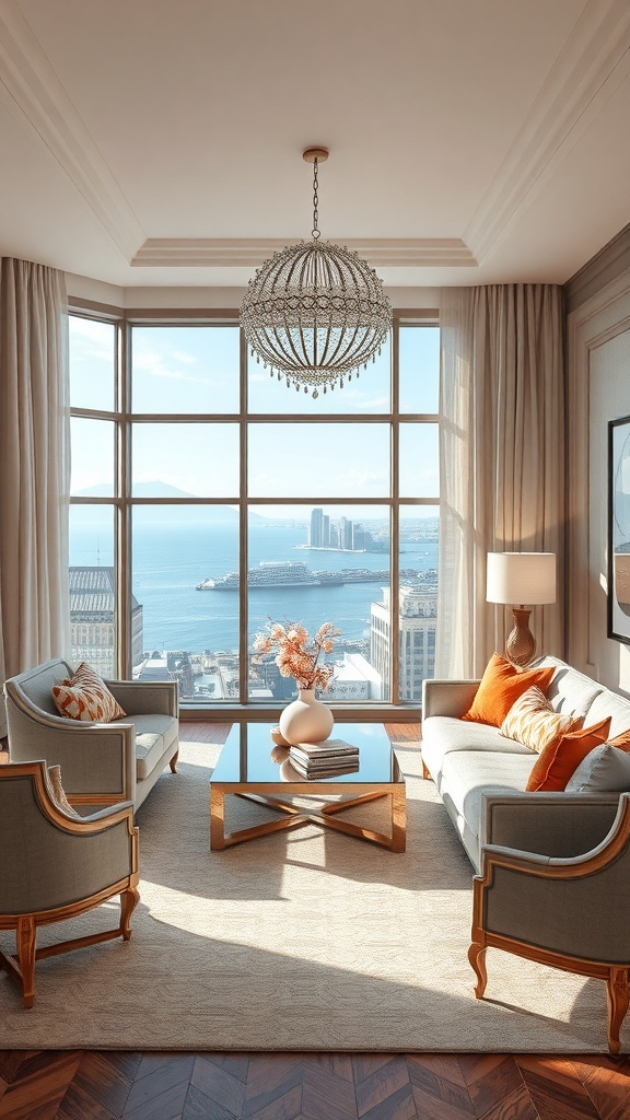 Ein stilvolles Wohnzimmer mit Blick auf das Wasser, ausgestattet mit eleganten Möbeln und saisonalen Dekorationen.