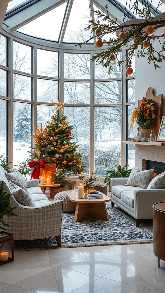 Ein festlich dekorierter Wintergarten mit einem Weihnachtsbaum, großen Fenstern und gemütlichen Möbeln.