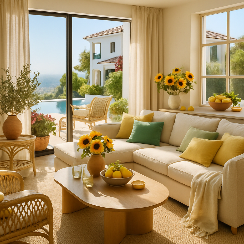 Ein heller und einladender Wohnraum mit Sonnenblumen, Zitrusfrüchten und einem Blick auf die Natur.