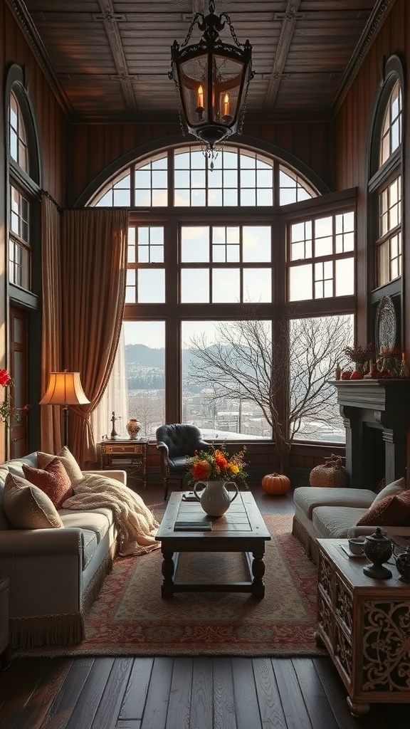 Ein luxuriöses Wohnzimmer mit großen Fenstern, eleganten Möbeln und saisonalen Dekorationen.