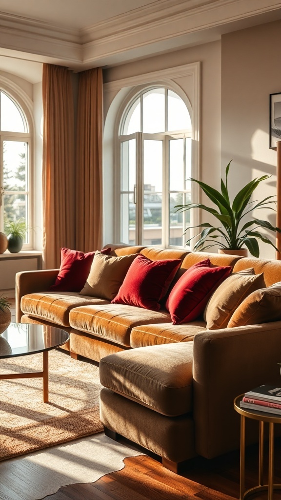 Gemütliches Wohnzimmer mit samtiger Couch und roten Kissen, großen Fenstern und einer Pflanze.