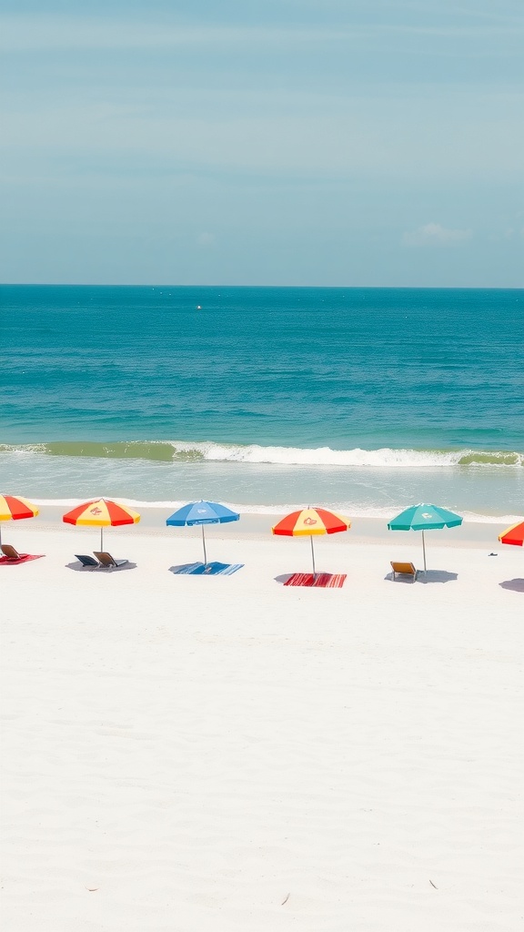 A sandy beach with colorful umbrellas and lounge chairs, overlooking the ocean.