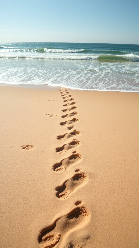 Footprints in the sand leading to the ocean waves