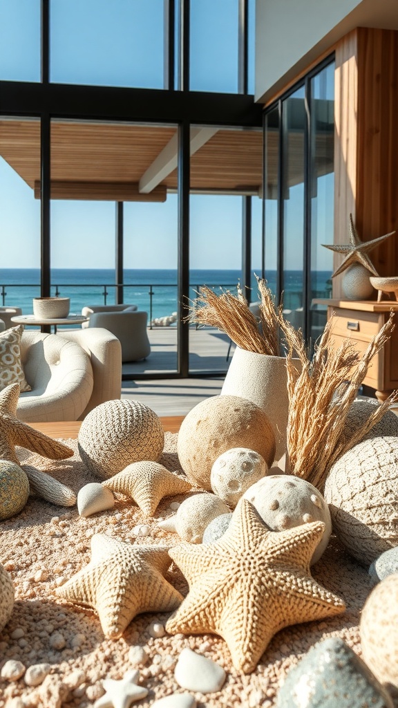 A cozy coastal living room with sandy texture accents, featuring decorative starfish and textured spheres.