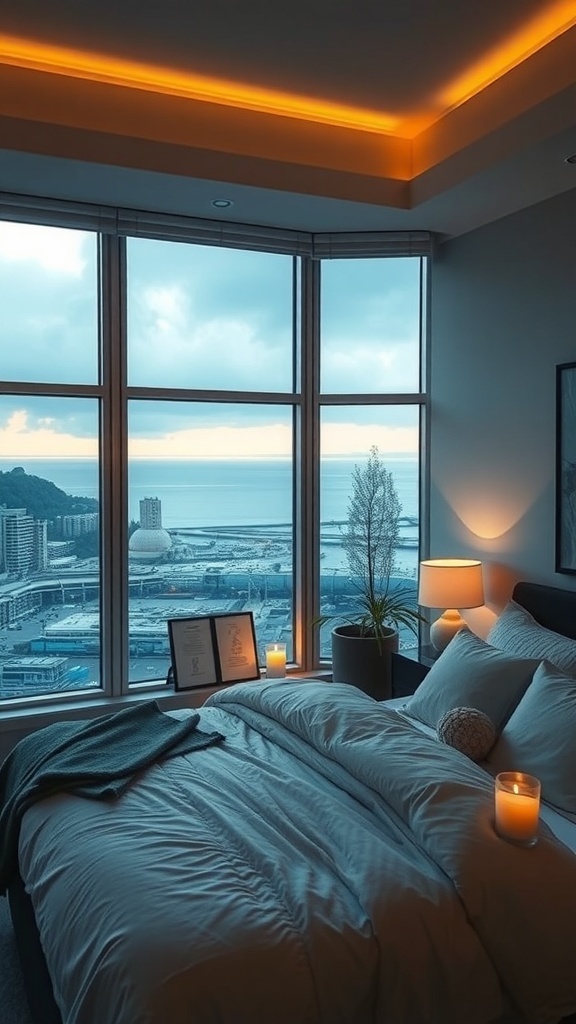 Luxuriöses Schlafzimmer mit sanfter Beleuchtung und Blick auf die Stadt