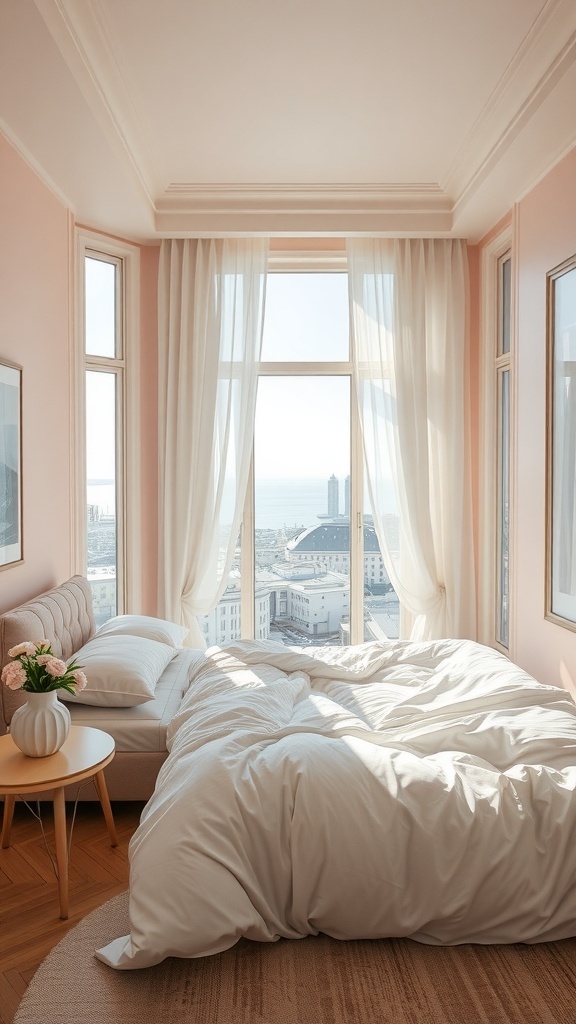 Helles Schlafzimmer mit sanften Rosatönen, großen Fenstern und Blick auf die Stadt.