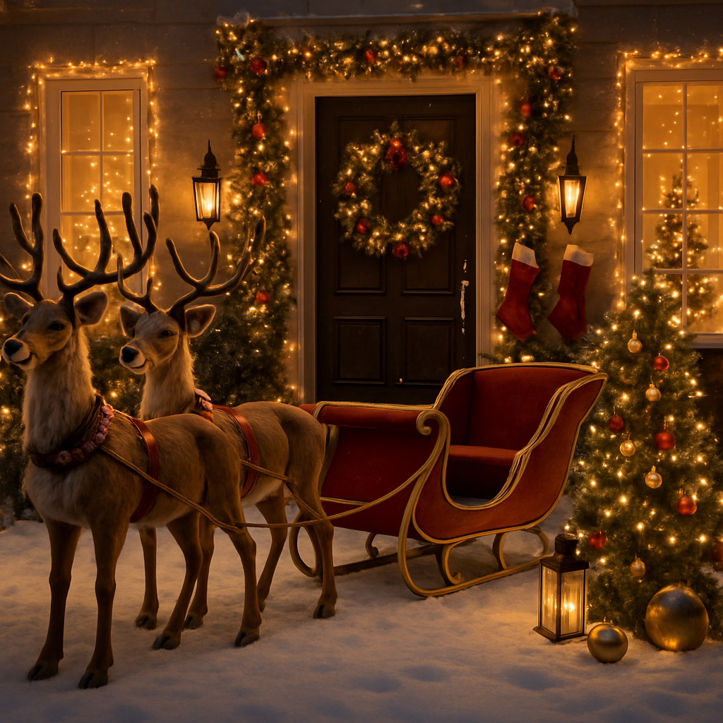 A festive outdoor setup featuring Santa
