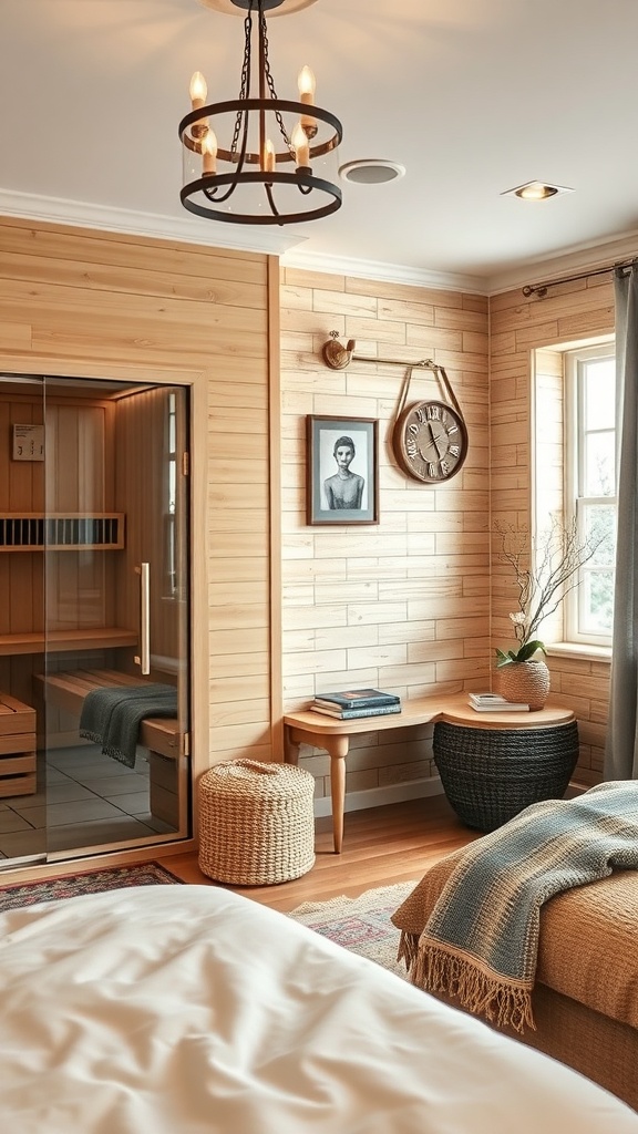 A cozy bedroom sauna nook featuring wooden walls, a sauna with a glass door, a small table with books, and a comfortable chair with a throw blanket.
