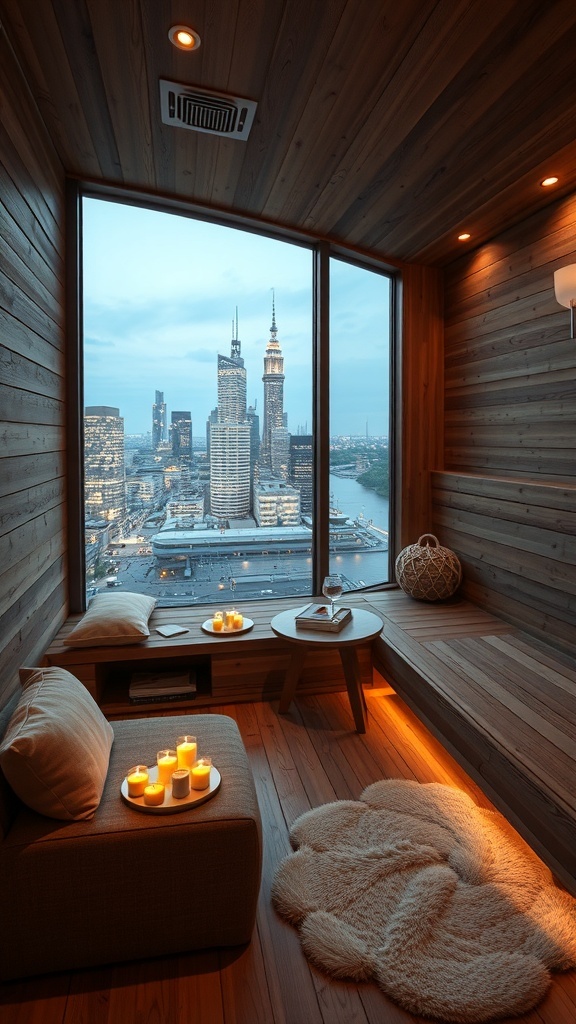 Gemütliche Sauna für Paare mit Blick auf die Stadt, Holzverkleidung und Kerzenlicht