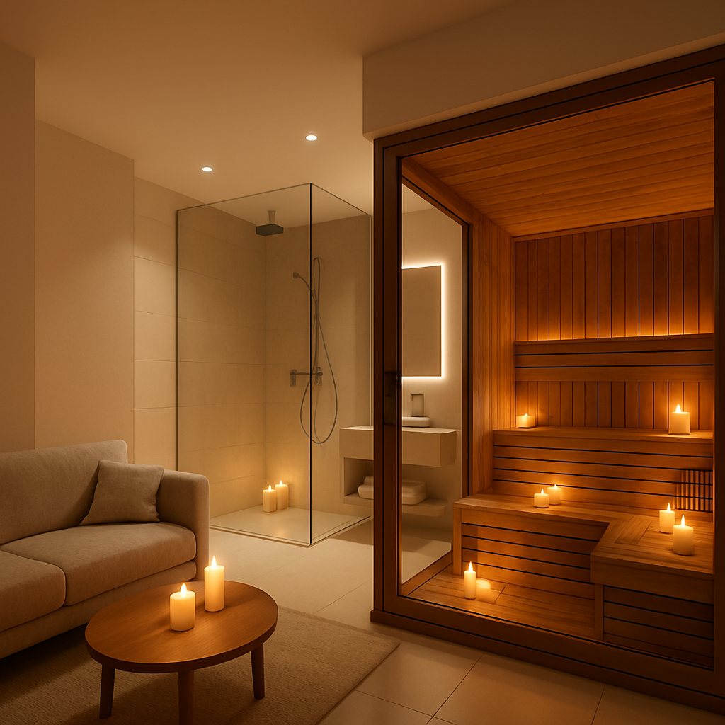 Gemütliche Sauna für Paare mit Kerzen und modernem Design