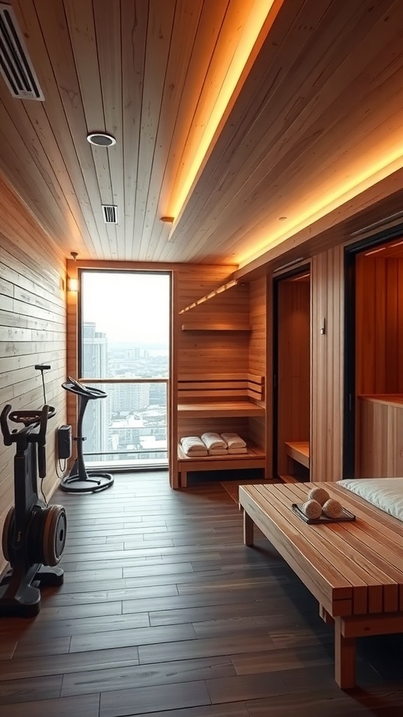 Moderne Sauna für Sportler mit Regenerationsbereich und Blick auf die Stadt
