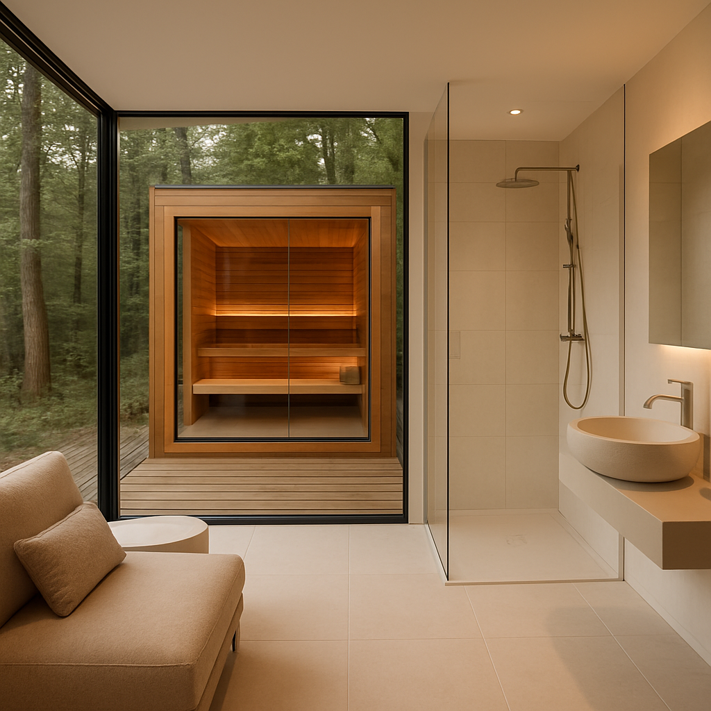 Moderne Sauna im Freien mit Holzverkleidung und Blick auf den Wald