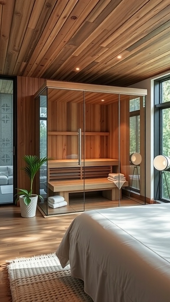 Rustikale Sauna mit Holzverkleidung und großen Fenstern