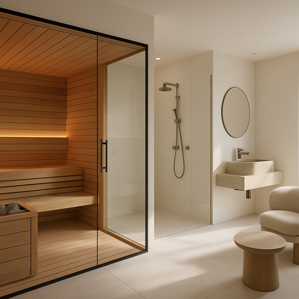 Moderne Sauna im Zen-Stil mit Holzinterieur und Glasfront