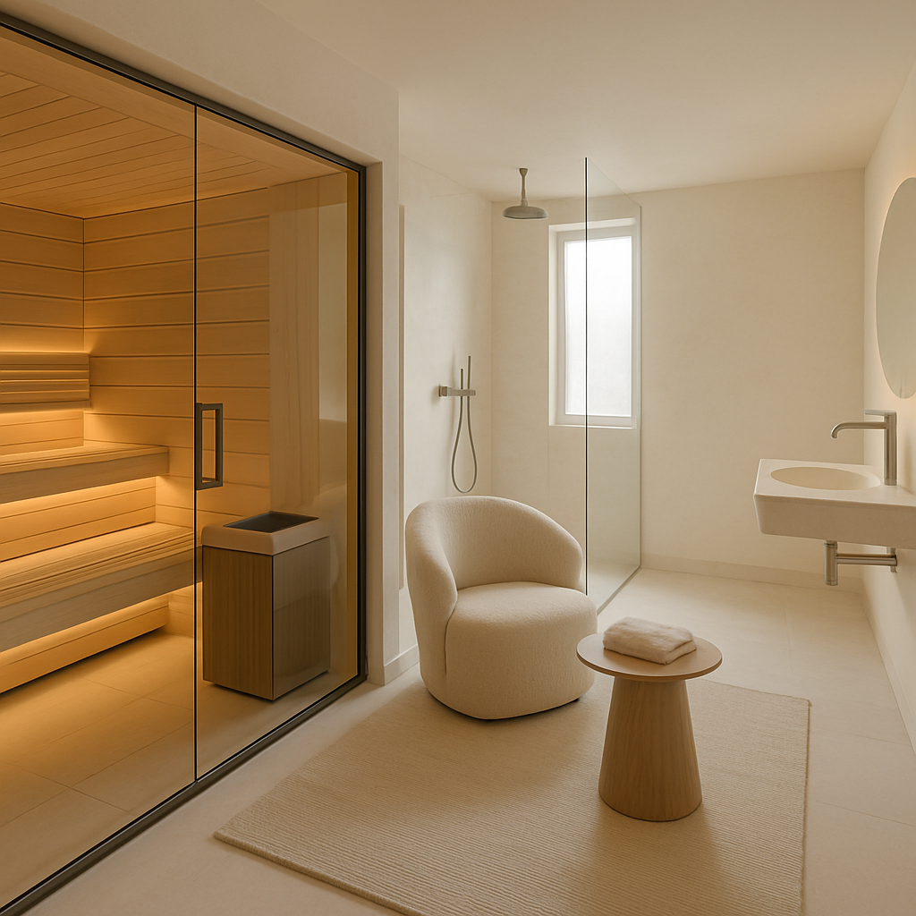 Moderne Sauna mit Holzbank und Glasfront in einem eleganten Raum