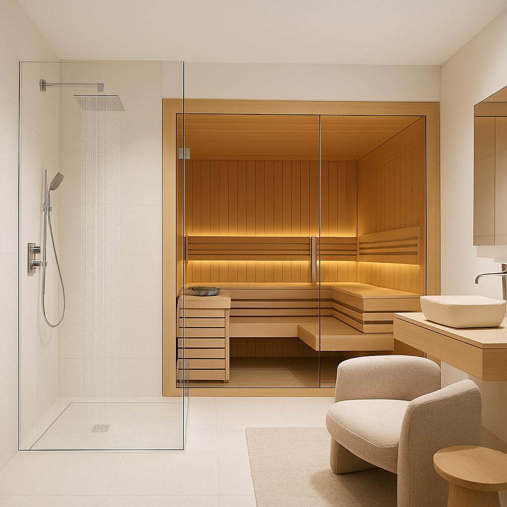 Moderne Sauna mit Erlebnisdusche und entspannendem Sessel