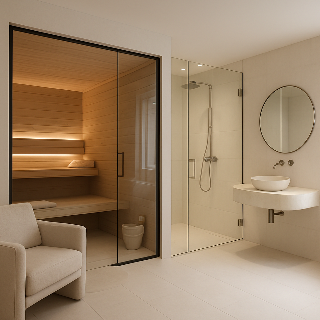 Moderne Sauna mit Holzverkleidung und angrenzendem Duschbereich