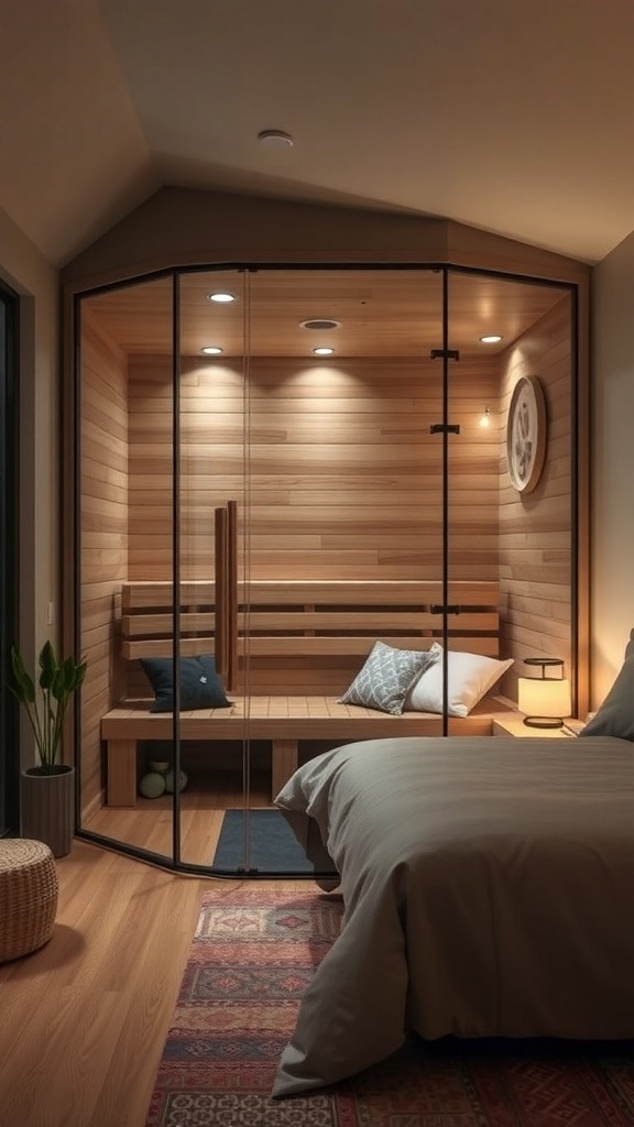 Moderne Sauna mit Holzverkleidung und Farbtherapie-Lichtern