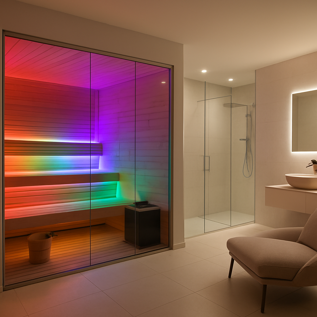 Moderne Sauna mit Farbtherapie, die in verschiedenen Farben beleuchtet ist.