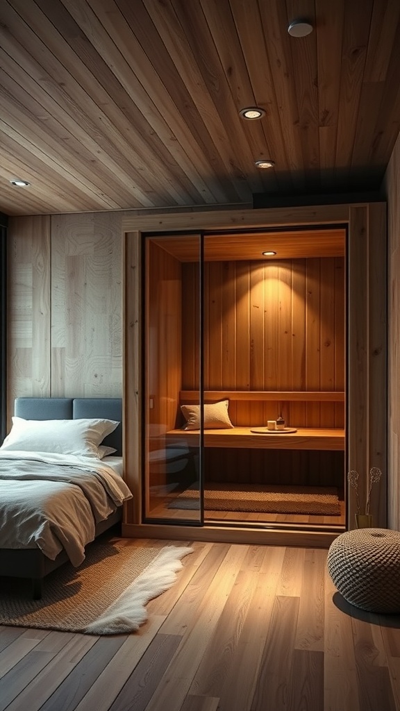 Ein modernes, helles Zimmer mit Holzelementen und großen Fenstern, das eine entspannende Atmosphäre ausstrahlt.