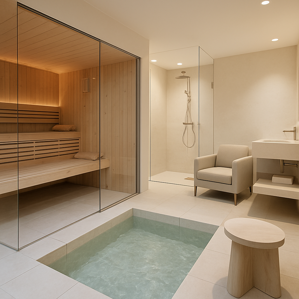 Moderne Sauna mit Fußbecken und entspannendem Ambiente