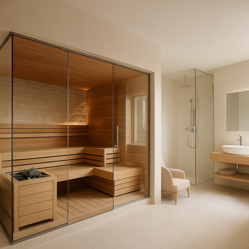 Moderne Sauna mit Holz- und Steinelementen, große Glasfronten und einem Steinofen