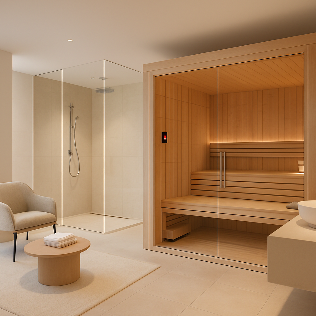 Moderne Sauna mit individuell einstellbarer Temperatur und komfortablem Sitzbereich