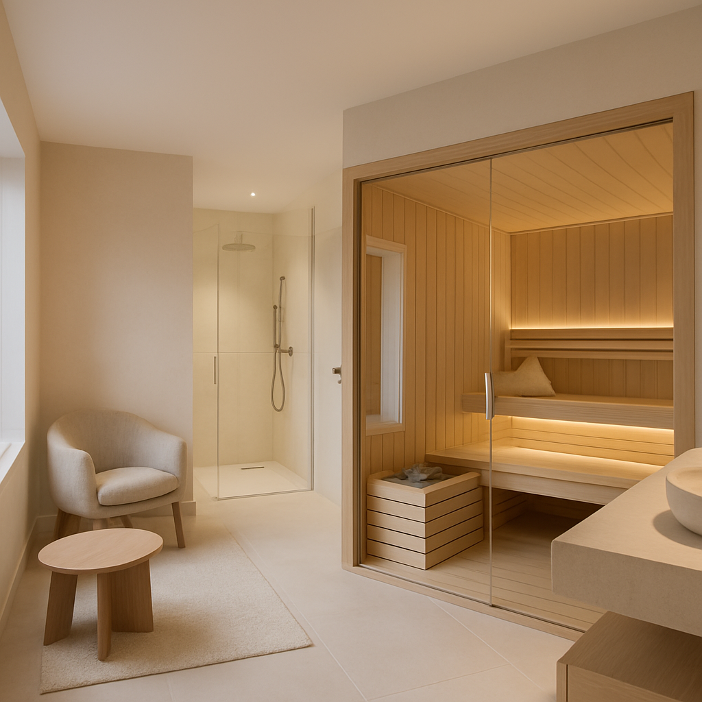Moderne Sauna mit Meditationszone, helle Holzverkleidung und bequeme Sitzgelegenheiten