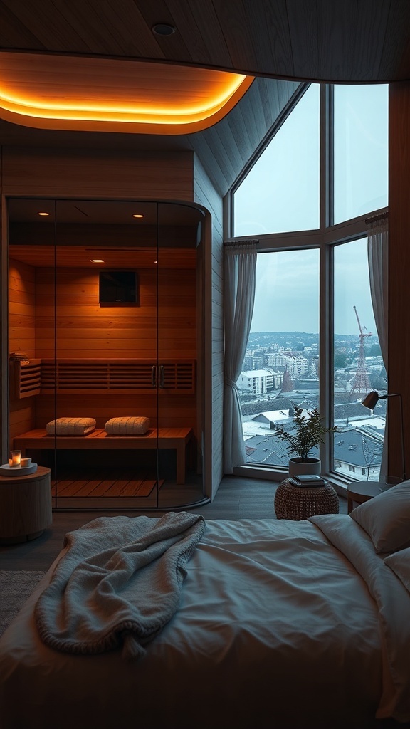 Moderne Sauna mit Licht- und Aromatherapie, Blick auf die Stadt