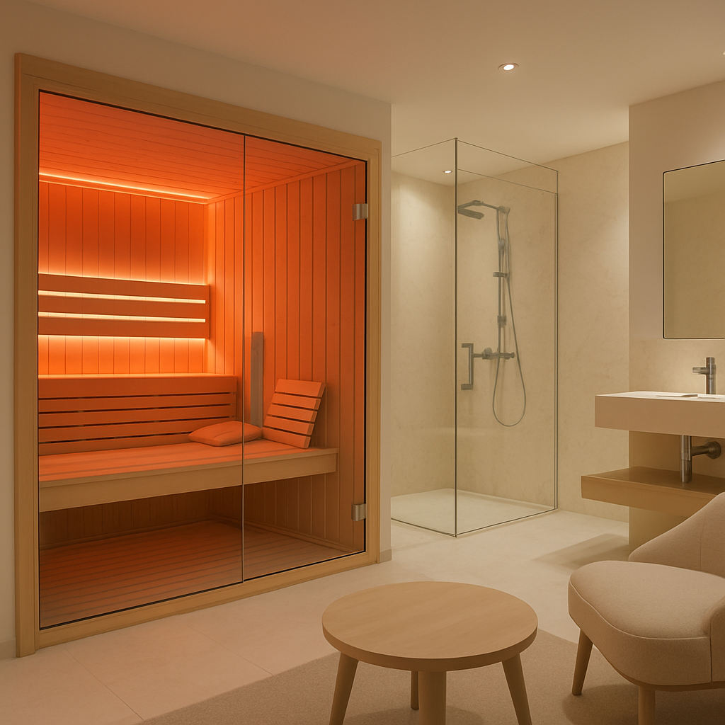 Moderne Sauna mit roter Lichttherapie, entspannende Atmosphäre