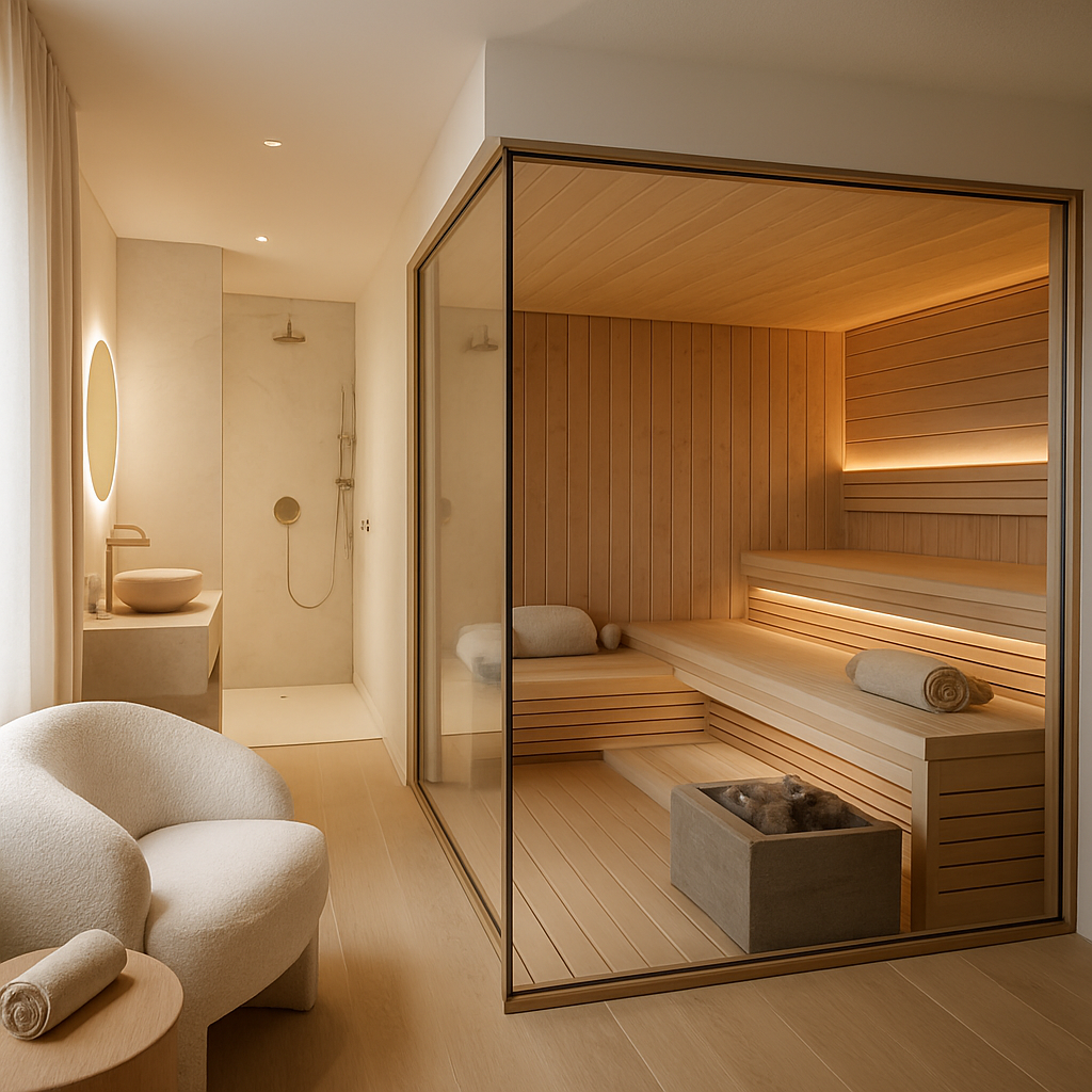 Luxuriöse Sauna mit modernem Interieur und sanften Lichtern