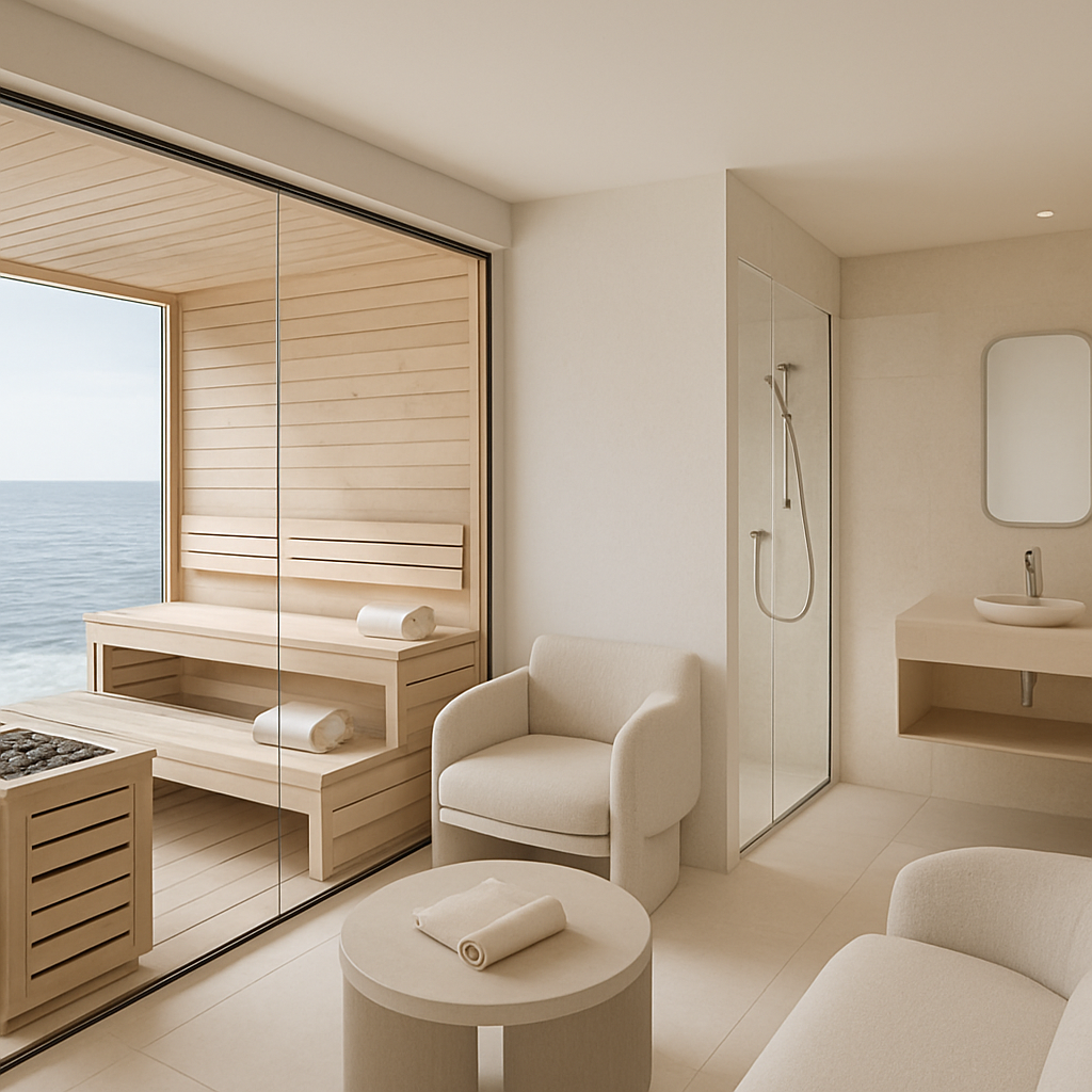 Moderne Sauna mit Meerblick, Holzinterieur und entspannenden Möbeln