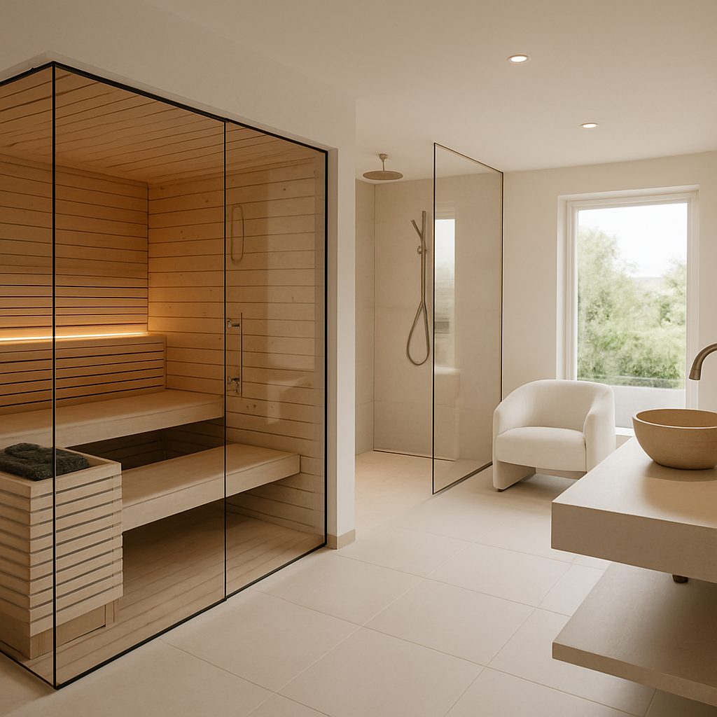 Moderne Sauna aus nachhaltigen Materialien mit großen Fenstern und minimalistischer Einrichtung