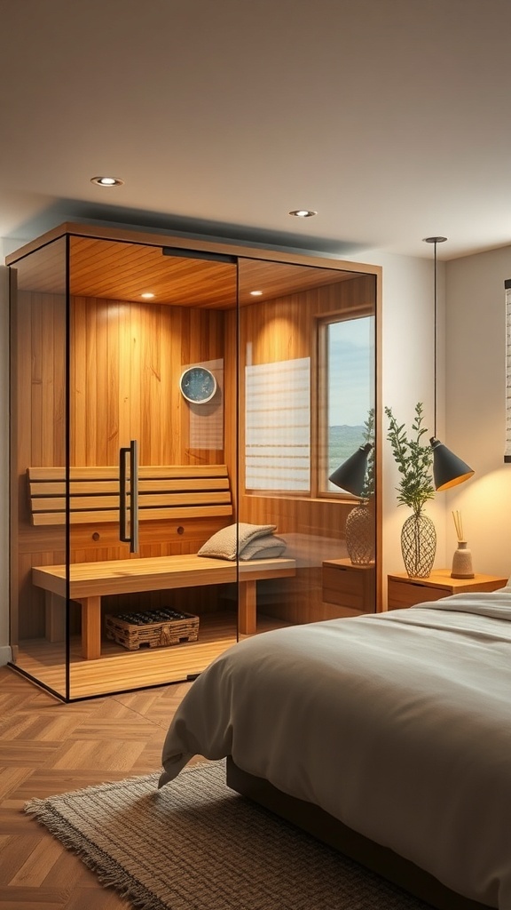 Gemütliche Sauna mit Holz und Stein, große Fenster mit Stadtblick
