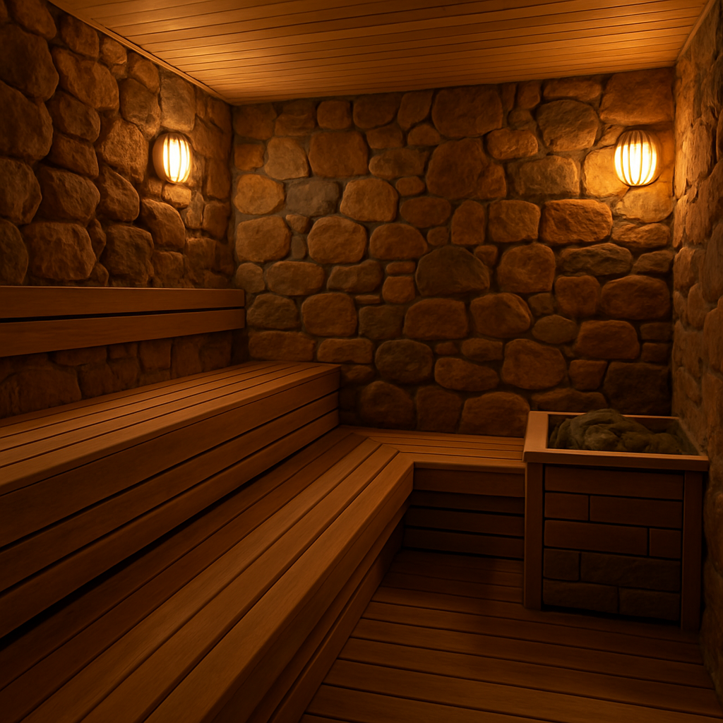 Moderne Sauna mit Natursteinwänden und Holzinterieur