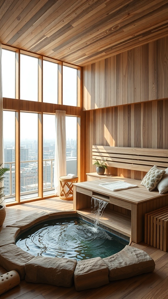 Sauna mit Wasserfall-Element, Holzinterieur und großen Fenstern