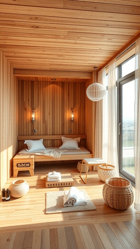 Helle Sauna mit Holzverkleidung, gemütlicher Bank, Kissen und Wellness-Accessoires