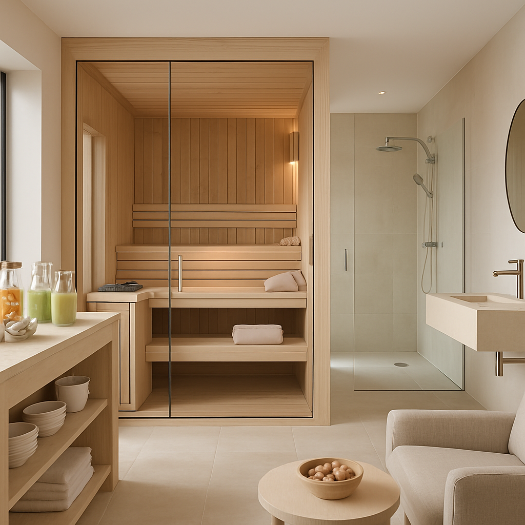 Moderne Sauna mit Wellness-Bar und gesunden Getränken