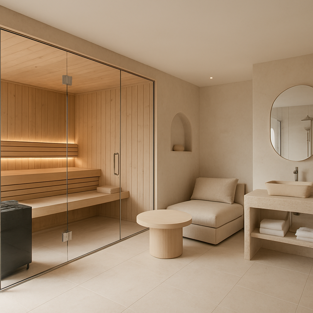 Moderne Sauna mit Holzverkleidung und minimalistischer Einrichtung