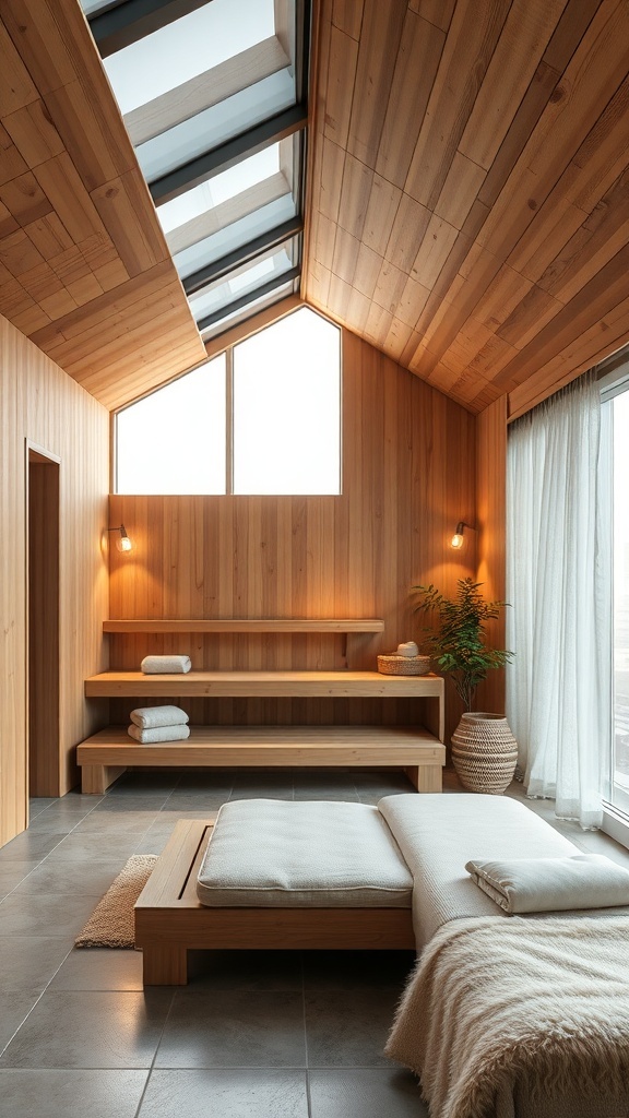 Gemütliche Sauna mit Holzverkleidung und großen Fenstern, die eine entspannende Atmosphäre schafft.