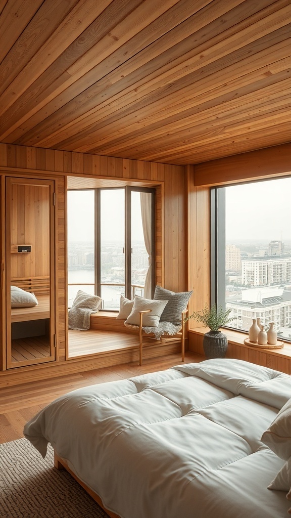 Innenansicht einer Sauna mit Wellness-Lounge und Blick auf die Stadt