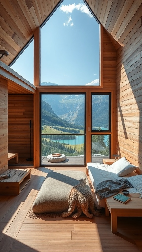 A cozy wooden sauna with large windows offering a view of mountains and a lake.