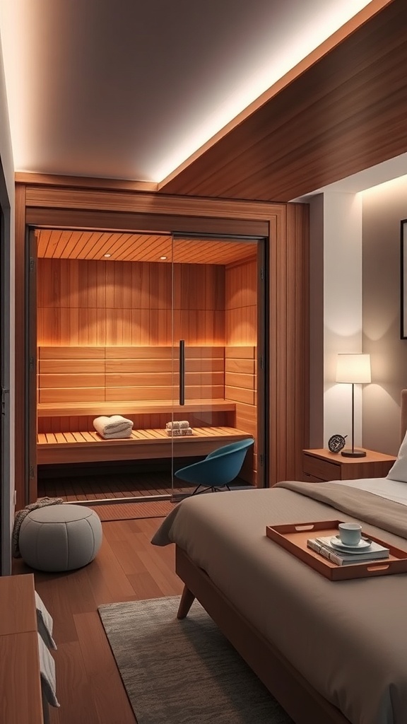 A modern sauna with ambient LED lighting, seen from a bedroom, featuring wooden interiors and glass doors.