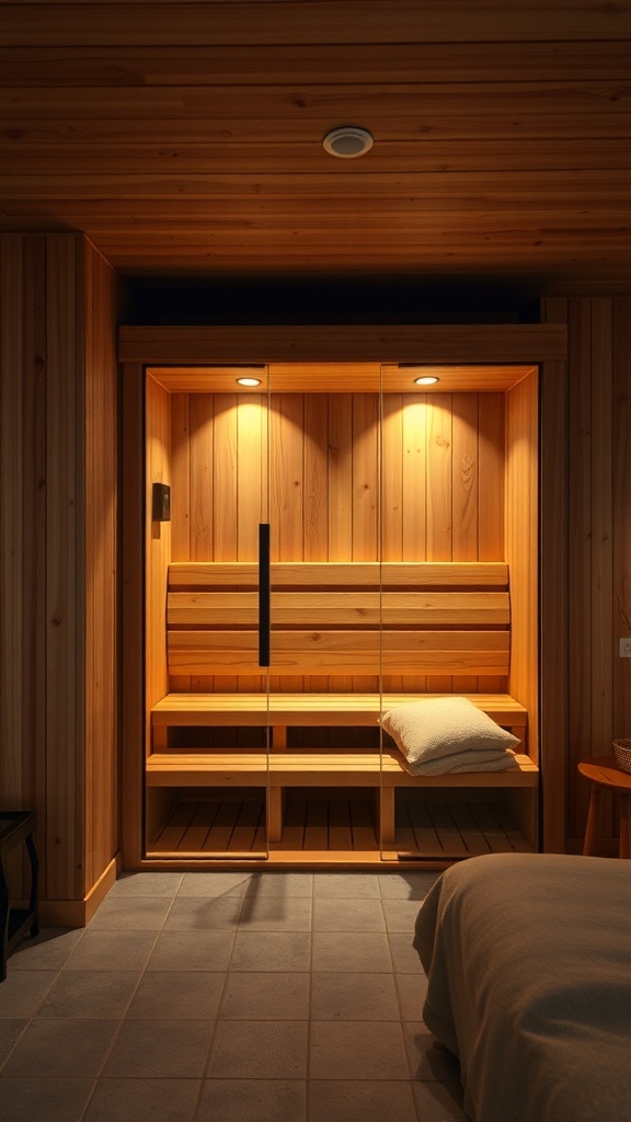 A cozy bedroom featuring a wooden sauna with ambient lighting, large windows, and a warm, inviting atmosphere.