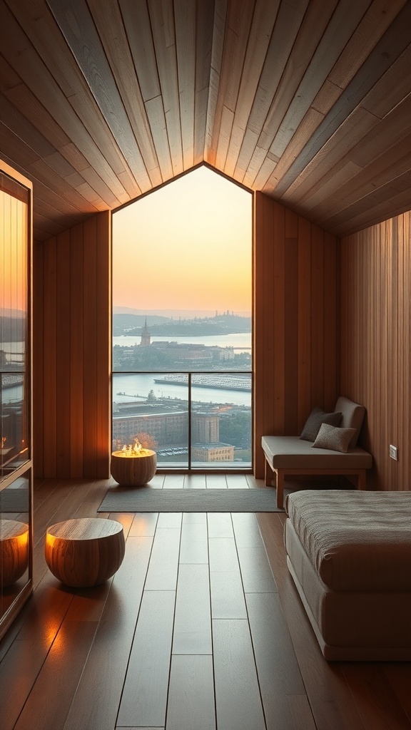 A modern sauna interior with wooden walls, large windows, and cozy seating, featuring aromatherapy elements.