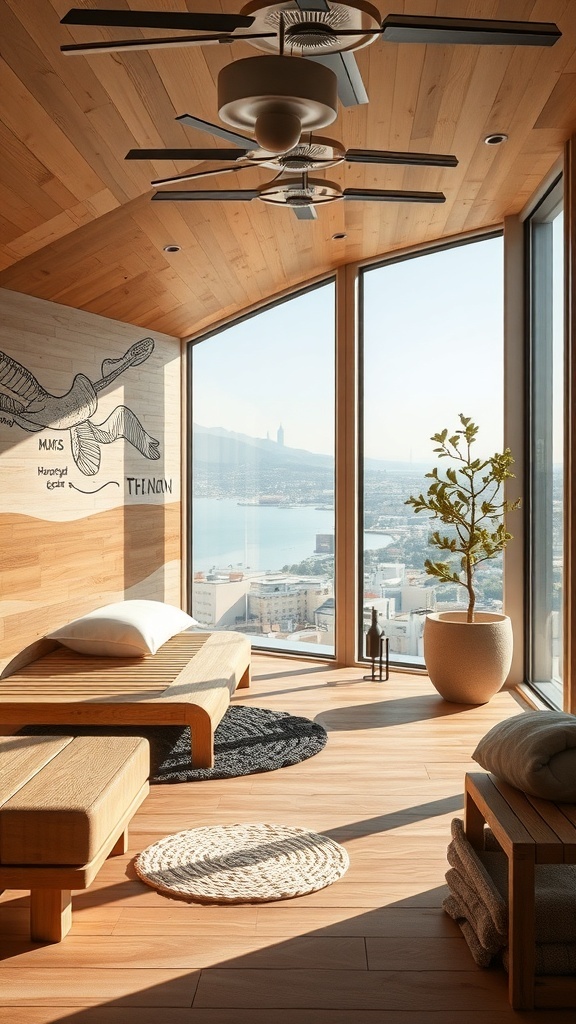 A modern sauna with wooden walls, large windows, and artistic elements.