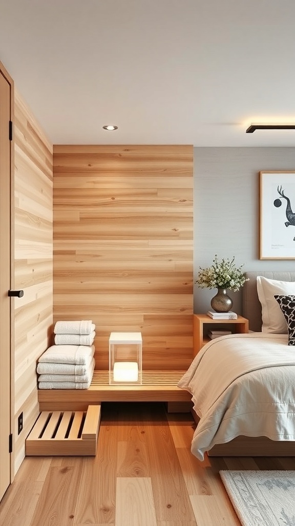 Cozy sauna design with built-in seating and storage in a bedroom setting.