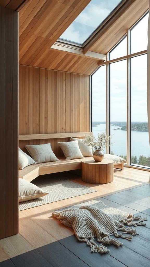 A cozy sauna nook with wooden walls, large windows, and soft cushions.