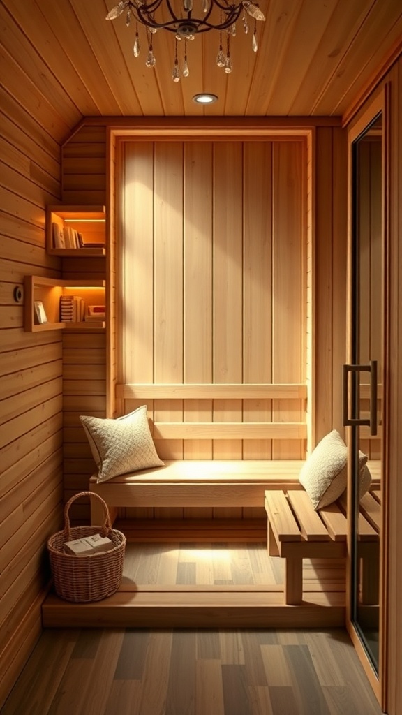 Cozy sauna with wooden walls, a reading nook with pillows, a bookshelf, and soft lighting.