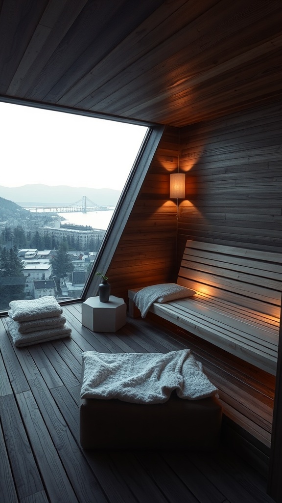A modern sauna with custom lighting, featuring wooden interiors and a view of the outdoors.